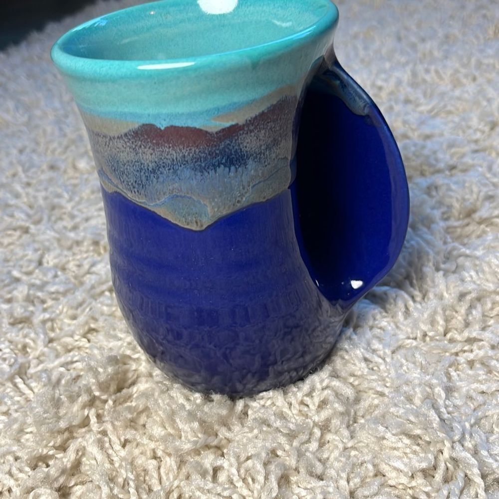 Neher Pottery 14 fl oz Right Handed Hand Warmer Blue Mug - Signed Neher 2019